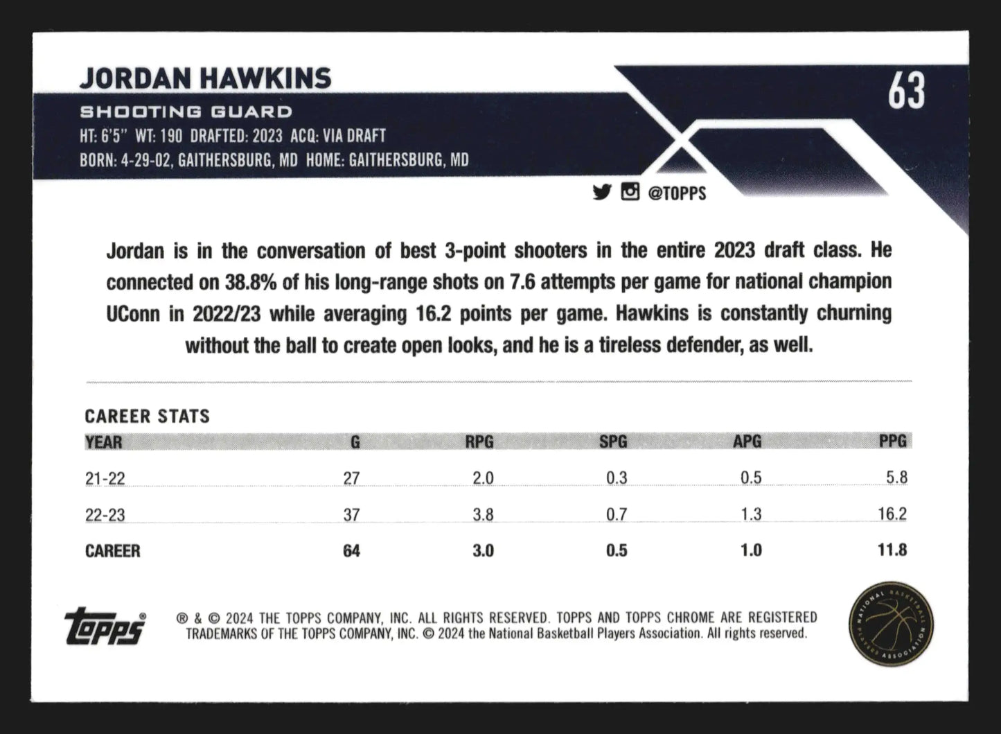 2023-24 Topps Chrome Sapphire Jordan Hawkins #63 Pelicans RC