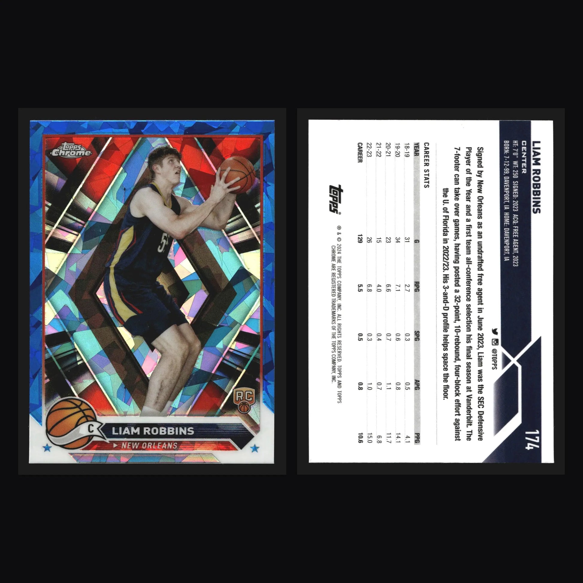 2023-24 Topps Chrome Sapphire Liam Robbins #174 RC Pelicans Rookie
