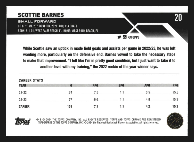 2023-24 Topps Chrome Sapphire Scottie Barnes #20 Toronto Raptors
