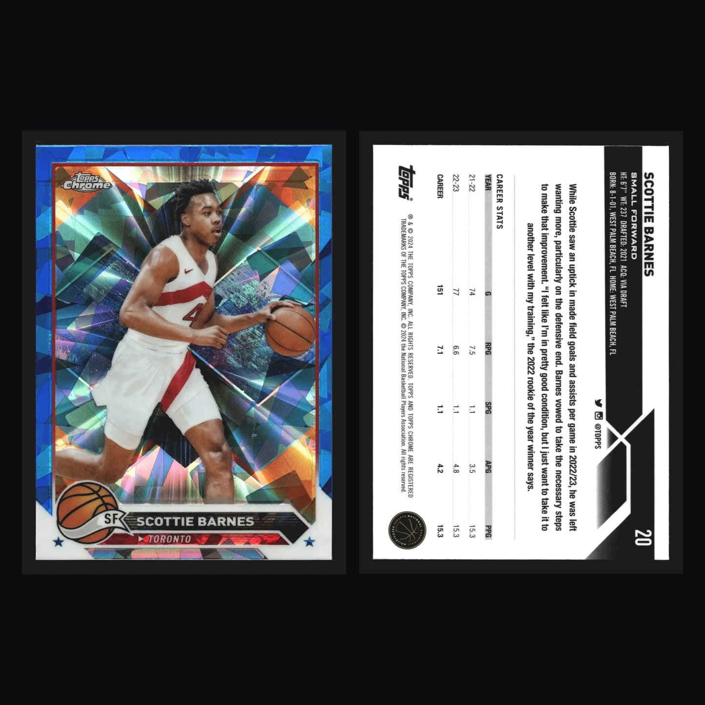 2023-24 Topps Chrome Sapphire Scottie Barnes #20 Toronto Raptors