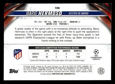 2023-24 Topps Chrome UEFA Club Competitions #106 Mario Hermoso - Soccer Card Single