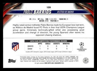 2023-24 Topps Chrome UEFA Club Competitions #139 Pablo Barrios - Soccer Card Single