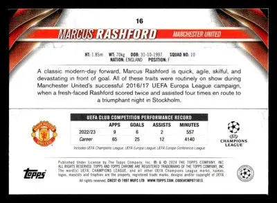 2023-24 Topps Chrome UEFA Club Competitions #16 Marcus Rashford - Soccer Card Single