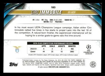 2023-24 Topps Chrome UEFA Club Competitions #183 Ciro Immobile - Soccer Card Single