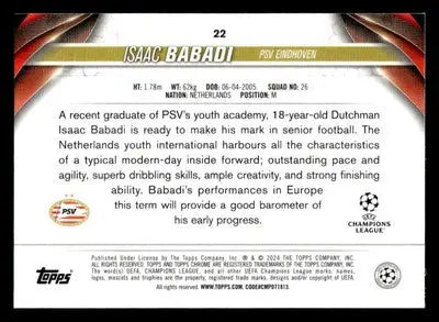 2023-24 Topps Chrome UEFA Club Competitions #22 Isaac Babadi - Soccer Card Single