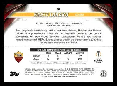 2023-24 Topps Chrome UEFA Club Competitions #32 Romelu Lukaku - Soccer Card Single