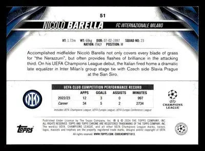 2023-24 Topps Chrome UEFA Club Competitions #51 Nicolò Barella - Soccer Card Single