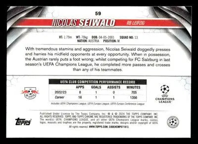 2023-24 Topps Chrome UEFA Club Competitions #59 Nicolas Seiwald - Soccer Card Single