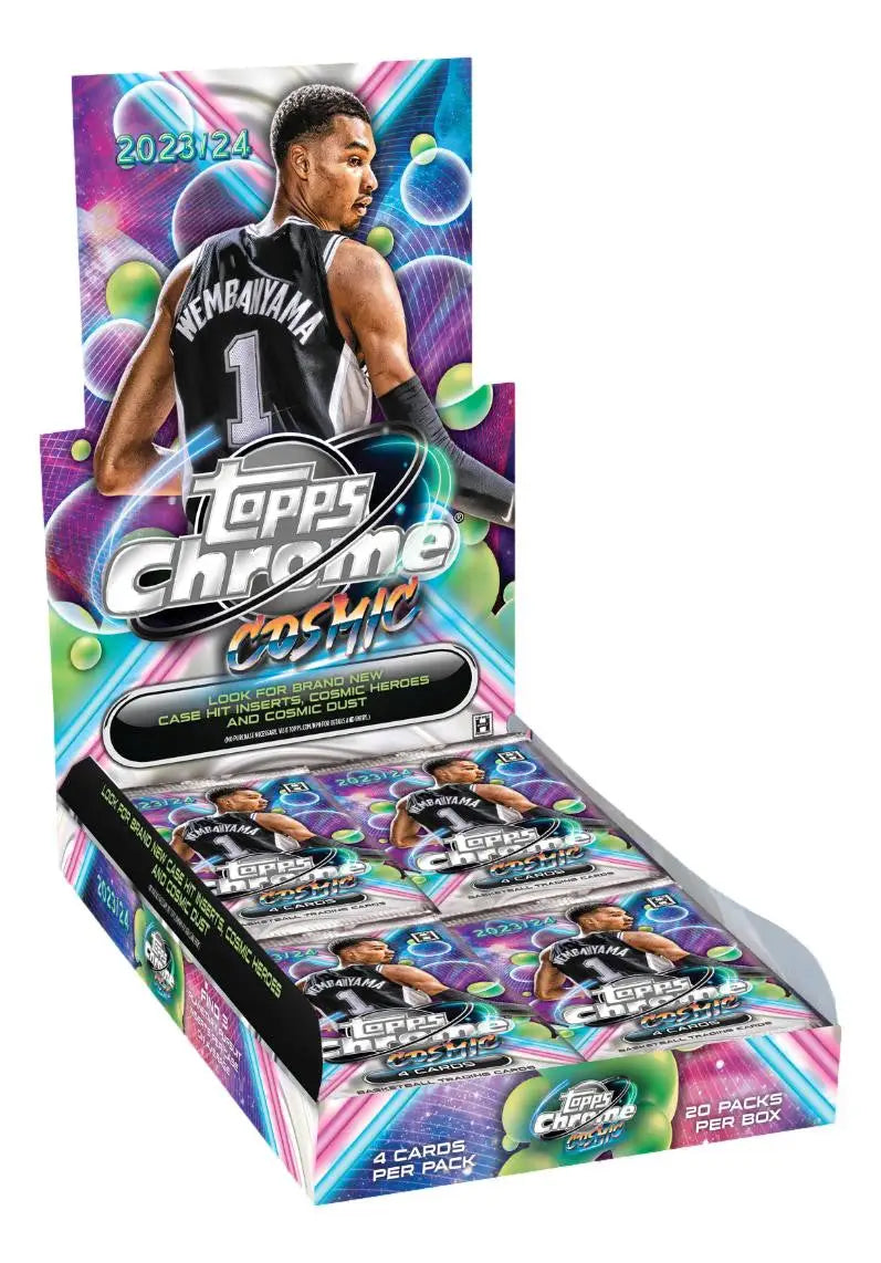 Display box of 2022-23 Topps Chrome NBA cards with colorful graphics for Cosmic Chrome Basketball