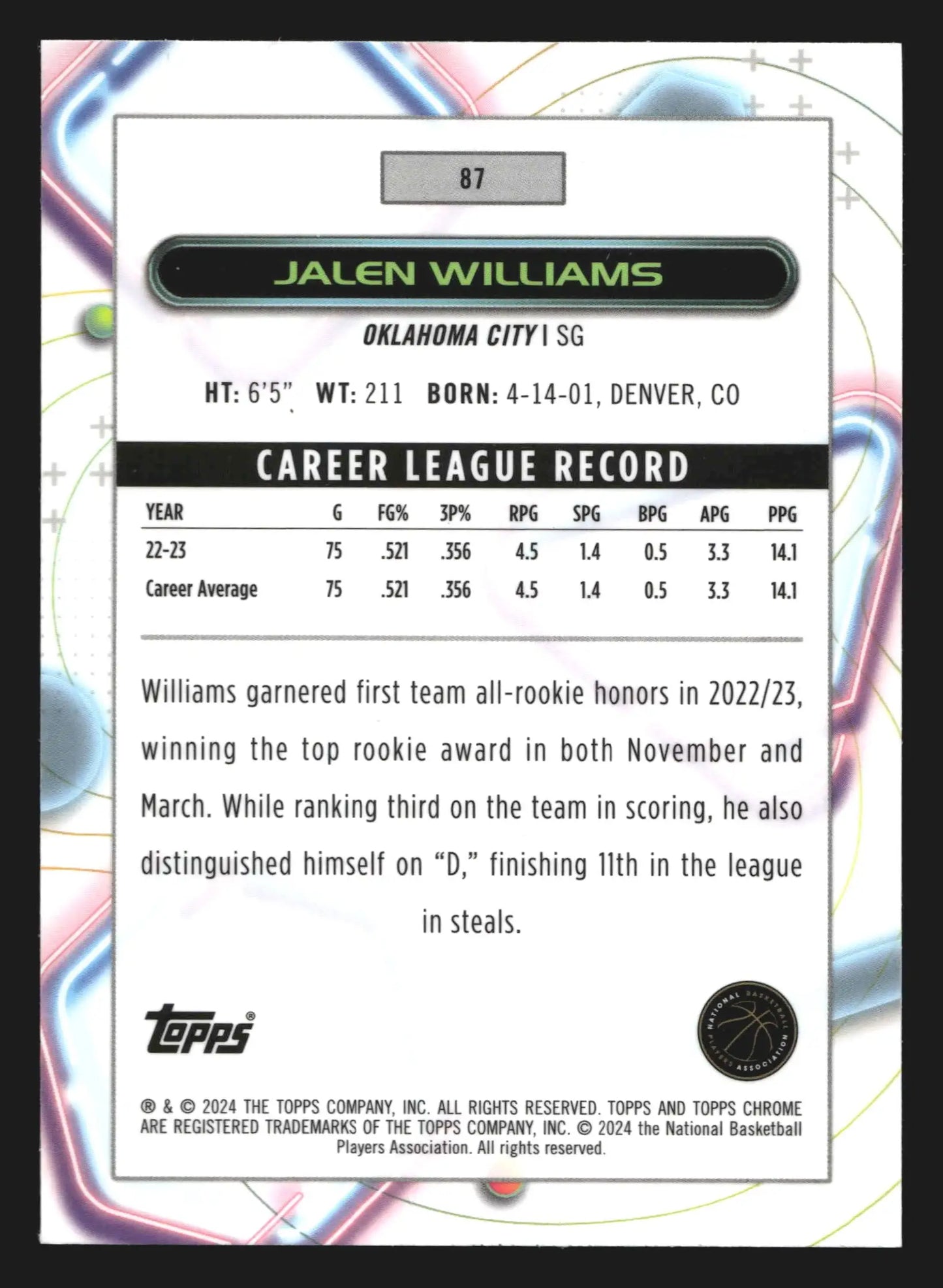 2023-24 Topps Cosmic Chrome Jalen Williams #87 Thunder - Basketball Card Single
