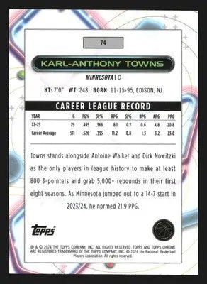 2023-24 Topps Cosmic Chrome Karl-Anthony Towns #74 Timberwolves - Basketball Card Single