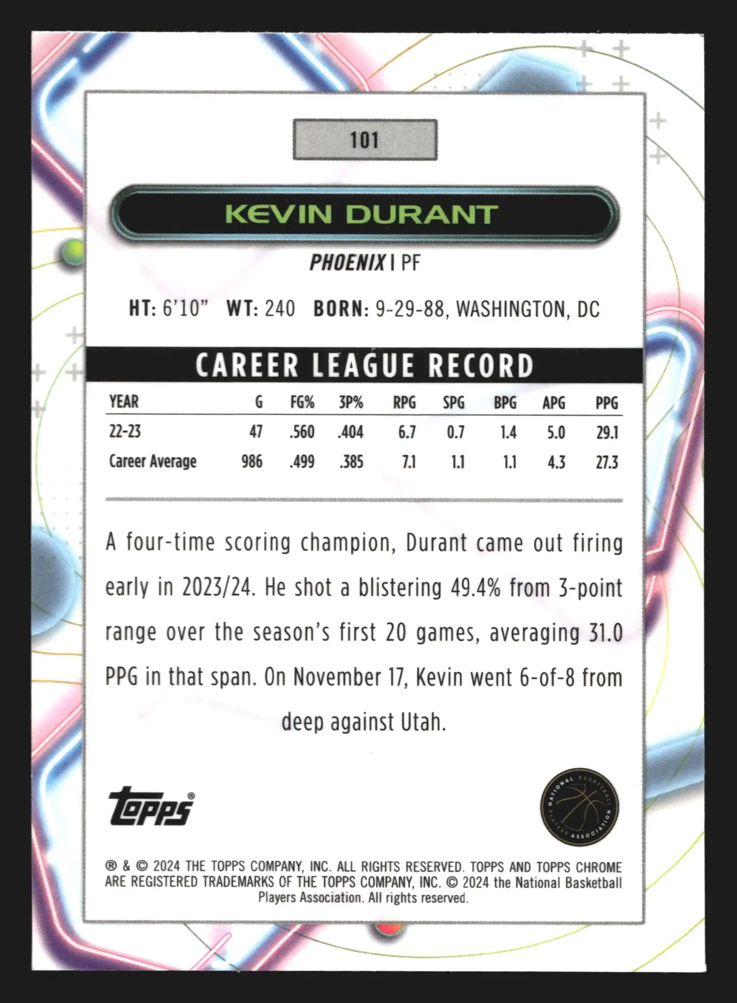 2023-24 Topps Cosmic Chrome Kevin Durant #101 Phoenix Suns - Basketball Card Single
