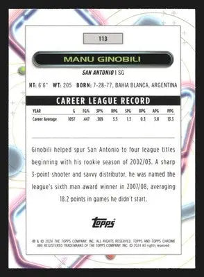 2023-24 Topps Cosmic Chrome Manu Ginobili #113 San Antonio Spurs HOF - Basketball Card Single