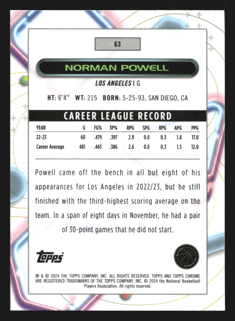 2023-24 Topps Cosmic Chrome Norman Powell #63 Los Angeles Clippers - Basketball Card Single