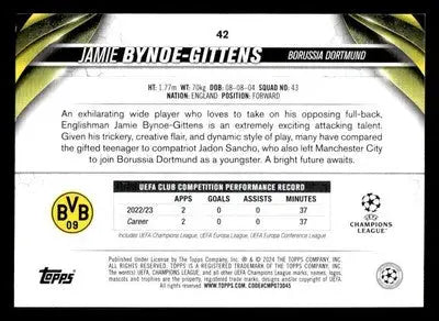 2023-24 Topps Jade Edition UEFA Club Competitions #42 Jamie Bynoe-Gittens - Soccer Card Single