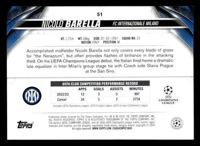 2023-24 Topps Jade Edition UEFA Club Competitions #51 Nicolò Barella - Soccer Card Single