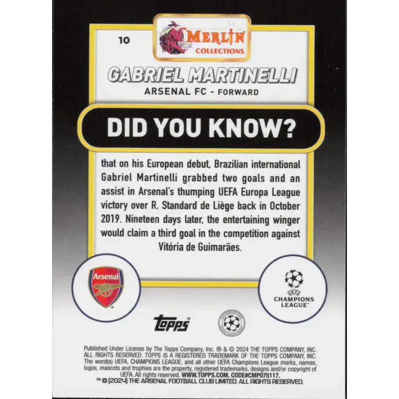 2023-24 Topps Merlin UEFA #10 Gabriel Martinelli EX Excellent Arsenal FC Soccer Card - Soccer Card Single