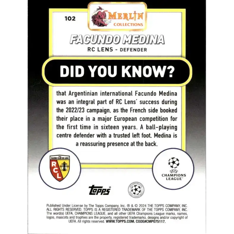 2023-24 Topps Merlin UEFA #102 Facundo Medina EX Excellent RC Lens Soccer Card - Soccer Card Single
