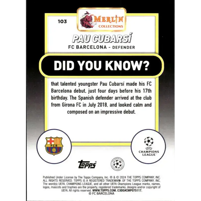 2023-24 Topps Merlin UEFA #103 Pau Cubarsi EX Excellent RC Rookie FC Barcelona Soccer Card - Soccer Card Single
