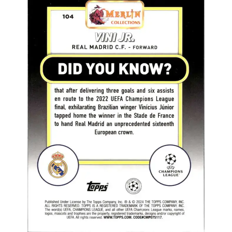 2023-24 Topps Merlin UEFA #104 Vini Jr. EX Excellent Real Madrid C.F. Soccer Card - Soccer Card Single