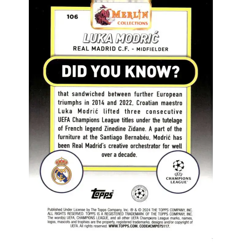 2023-24 Topps Merlin UEFA #106 Luka Modric EX Excellent Real Madrid C.F. Soccer Card - Soccer Card Single