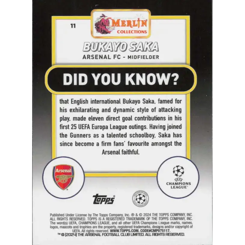 2023-24 Topps Merlin UEFA #11 Bukayo Saka EX Excellent Arsenal FC Soccer Card
