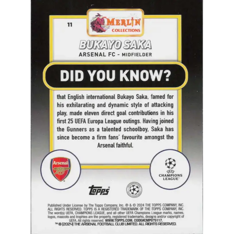 2023-24 Topps Merlin UEFA #11 Bukayo Saka EX Excellent Arsenal FC Soccer Card