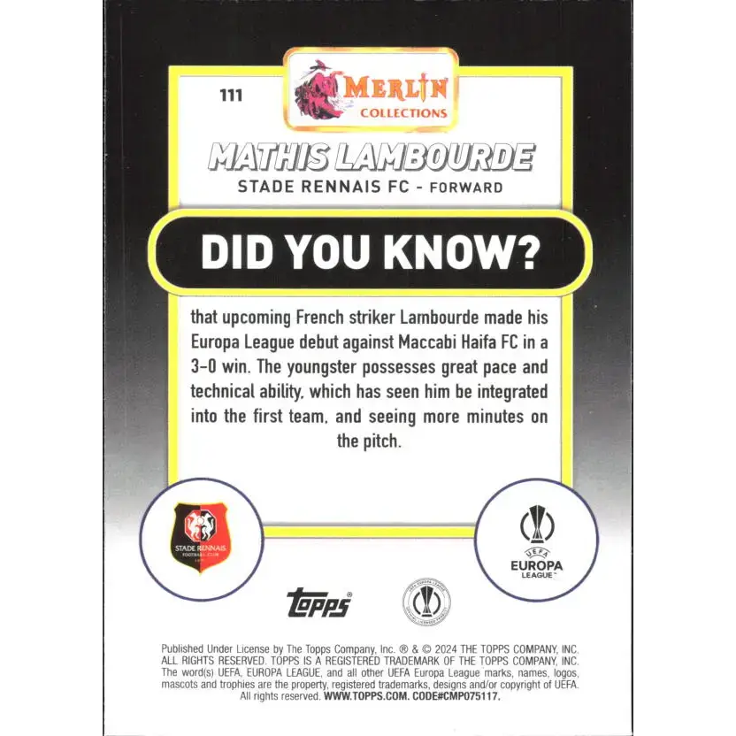 2023-24 Topps Merlin UEFA #111 Mathis Lambourde EX Excellent RC Rookie Stade Rennais FC Soccer Card - Soccer Card Single