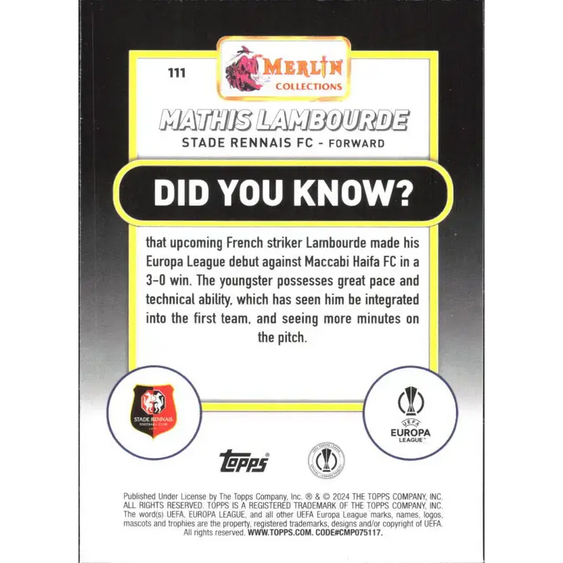 2023-24 Topps Merlin UEFA #111 Mathis Lambourde EX Excellent RC Rookie Stade Rennais FC Soccer Card - Soccer Card Single