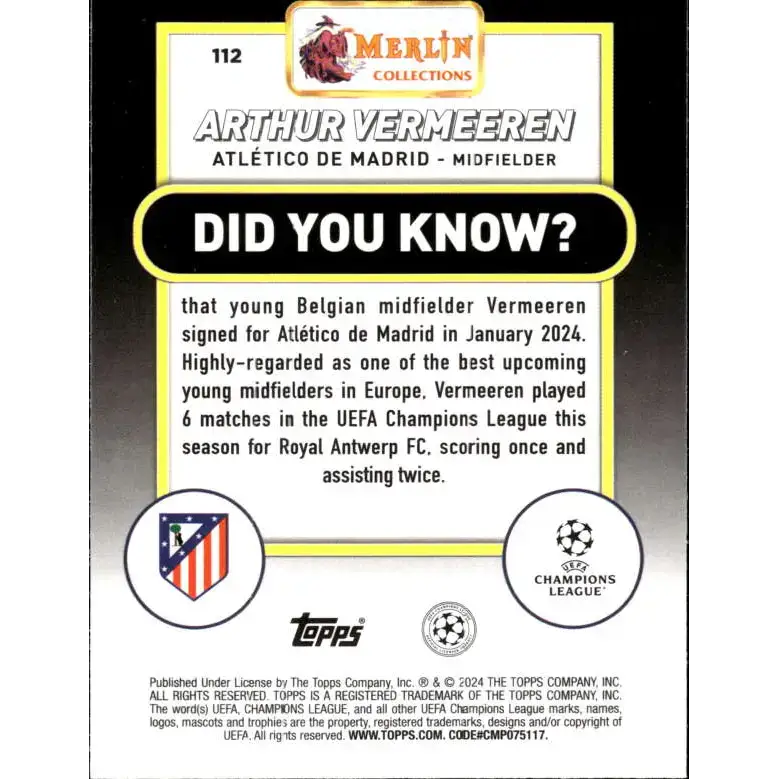 2023-24 Topps Merlin UEFA #112 Arthur Vermeeren EX Excellent RC Rookie Atletico de Madrid Soccer Card - Soccer Card