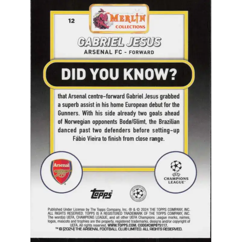 2023-24 Topps Merlin UEFA #12 Gabriel Jesus EX Excellent Arsenal FC Soccer Card - Soccer Card Single