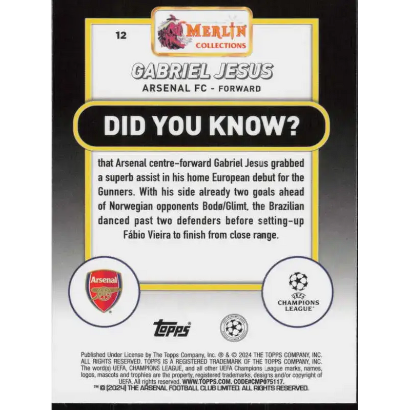 2023-24 Topps Merlin UEFA #12 Gabriel Jesus EX Excellent Arsenal FC Soccer Card - Soccer Card Single