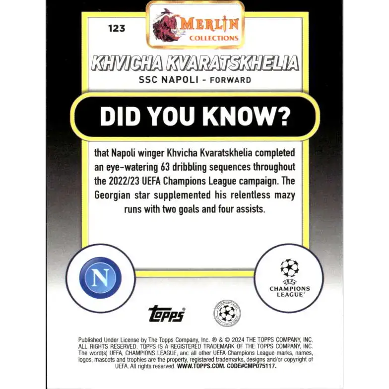 2023-24 Topps Merlin UEFA #123 Khvicha Kvaratskhelia EX Excellent SSC Napoli Soccer Card - Soccer Card Single
