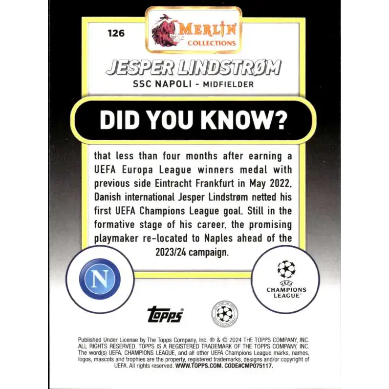 2023-24 Topps Merlin UEFA #126 Jesper Lindstrom EX Excellent SSC Napoli Soccer Card - Soccer Card Single