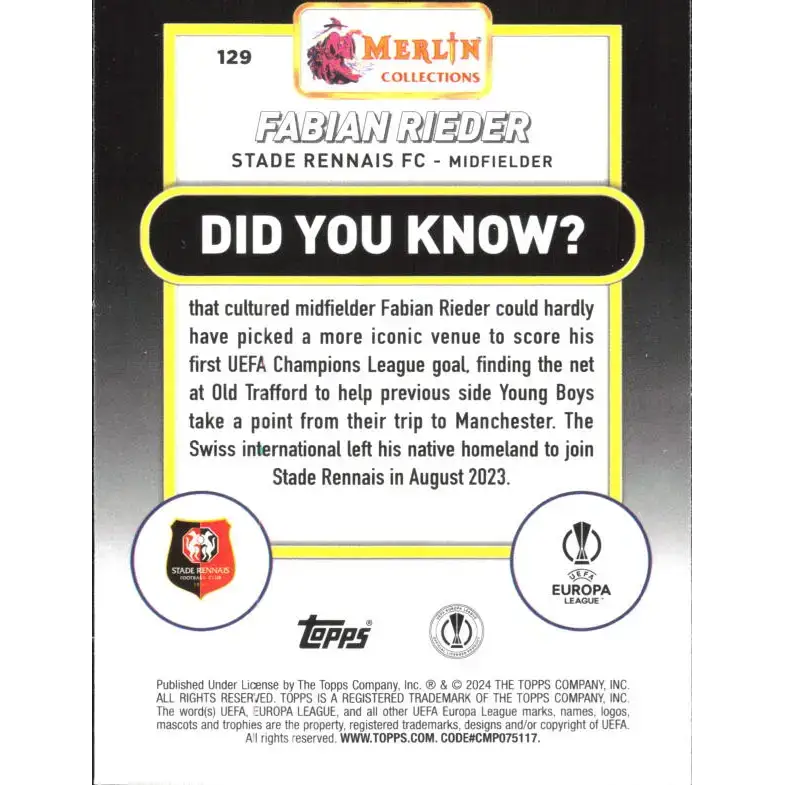 2023-24 Topps Merlin UEFA #129 Fabian Rieder EX Excellent RC Rookie Stade Rennais FC Soccer Card - Soccer Card Single