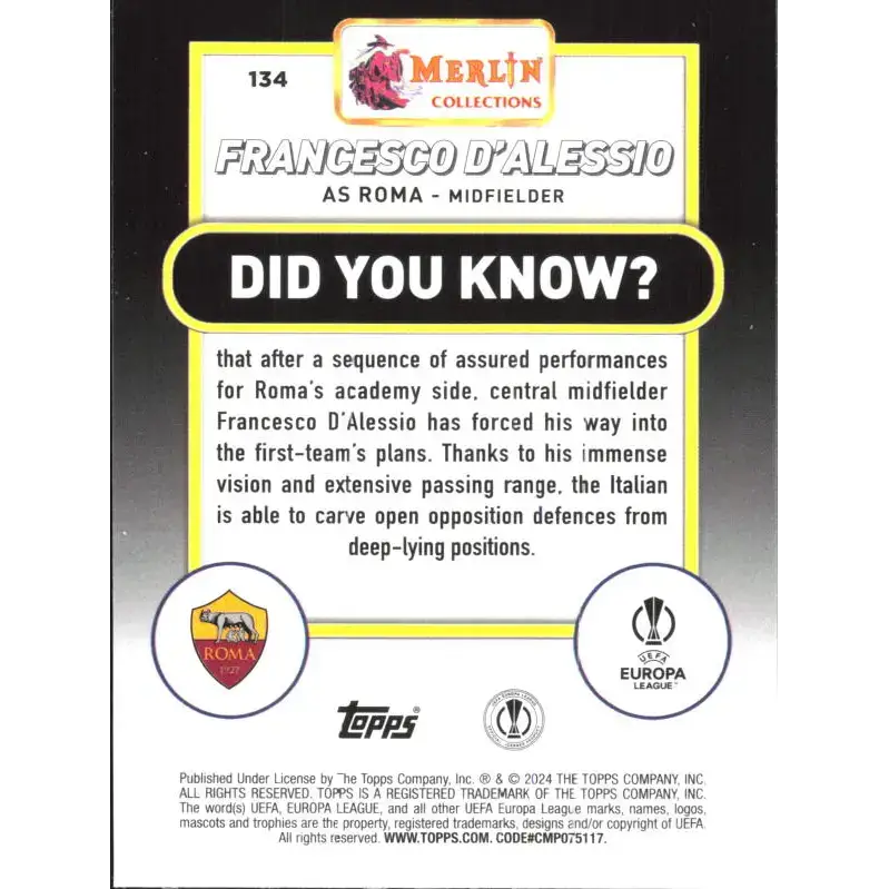 2023-24 Topps Merlin UEFA #134 Francesco D’alessio EX Excellent RC Rookie AS Roma Soccer Card - Soccer Card Single
