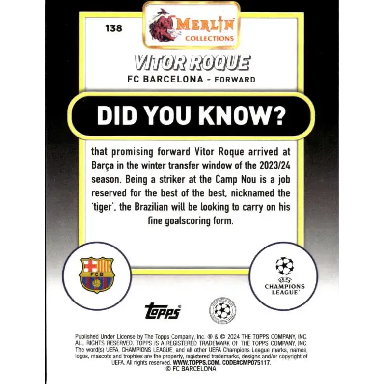 2023-24 Topps Merlin UEFA #138 Vitor Roque EX Excellent RC Rookie FC Barcelona Soccer Card - Soccer Card Single