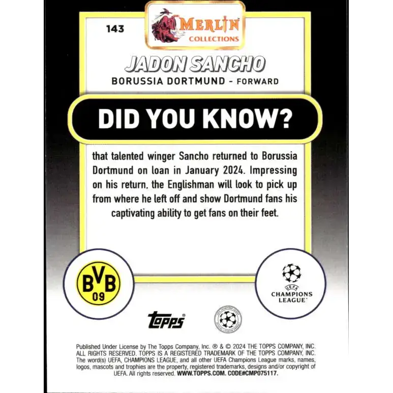 2023-24 Topps Merlin UEFA #143 Jadon Sancho EX Excellent Borussia Dortmund Soccer Card