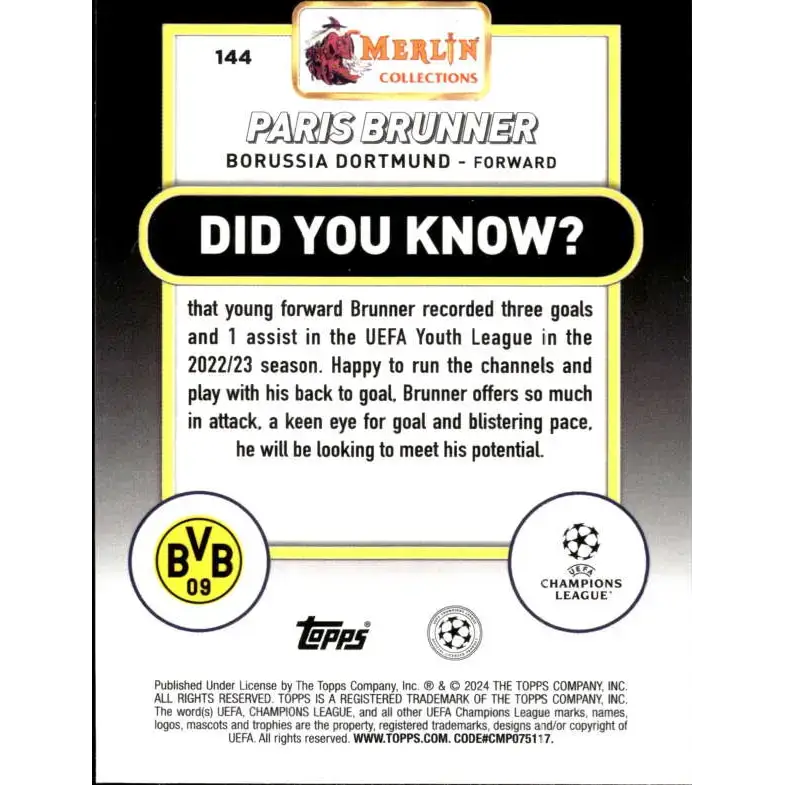 2023-24 Topps Merlin UEFA #144 Paris Brunner EX Excellent RC Rookie Borussia Dortmund Soccer Card - Soccer Card Single