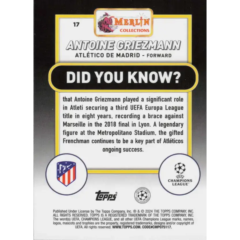 2023-24 Topps Merlin UEFA #17 Antoine Griezmann EX Excellent Atletico de Madrid Soccer Card - Soccer Card Single