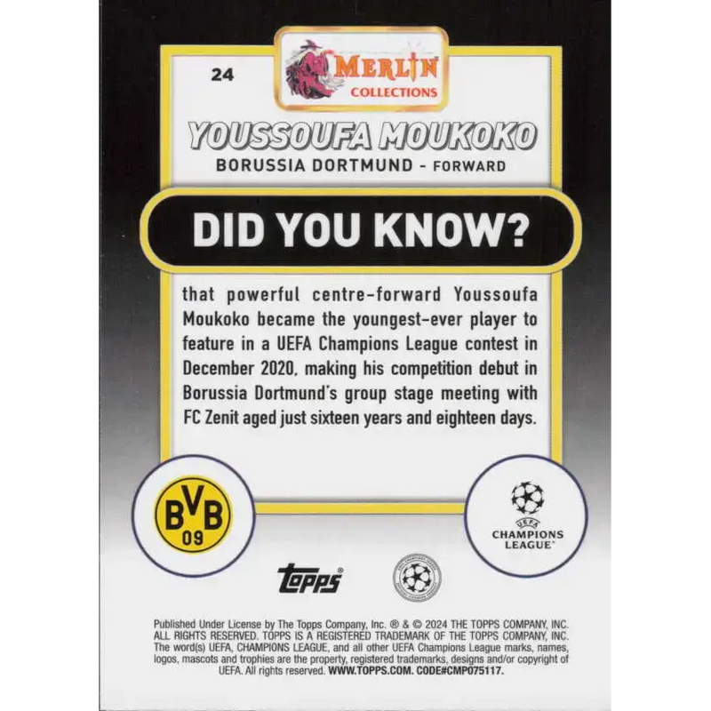 2023-24 Topps Merlin UEFA #24 Youssoufa Moukoko EX Excellent Borussia Dortmund Soccer Card