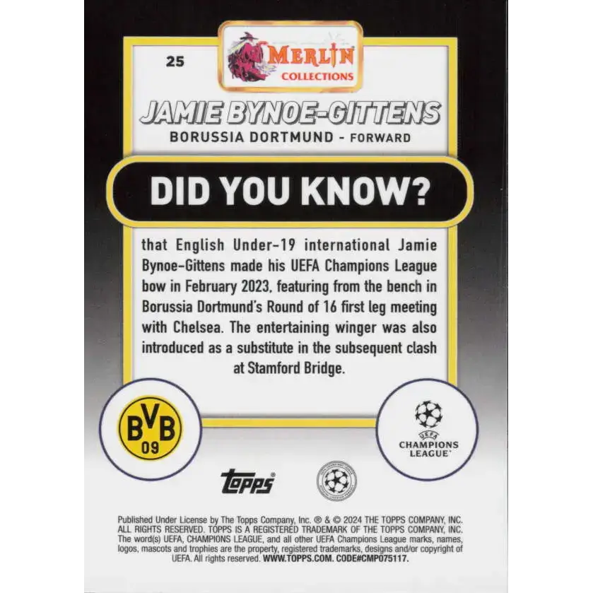 2023-24 Topps Merlin UEFA #25 Jamie Bynoe-Gittens EX Excellent Borussia Dortmund Soccer Card - Soccer Card Single