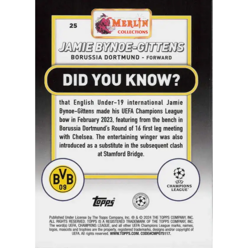 2023-24 Topps Merlin UEFA #25 Jamie Bynoe-Gittens EX Excellent Borussia Dortmund Soccer Card - Soccer Card Single