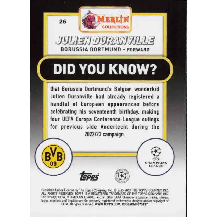 2023-24 Topps Merlin UEFA #26 Julien Duranville EX Excellent RC Rookie Borussia Dortmund Soccer Card