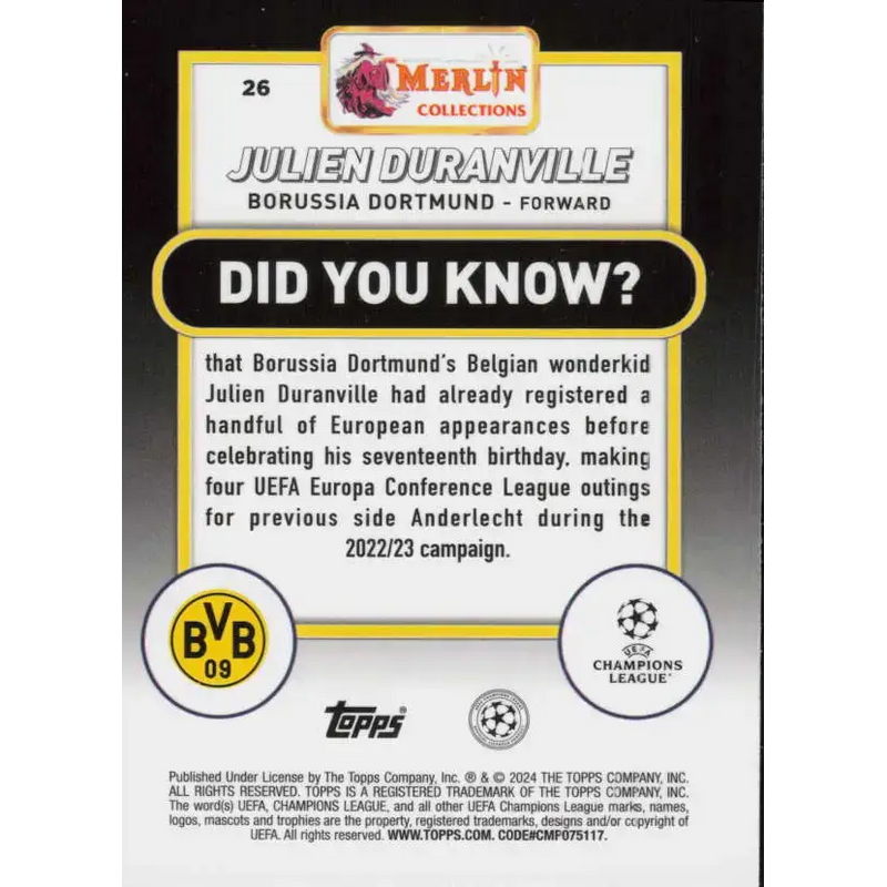 2023-24 Topps Merlin UEFA #26 Julien Duranville EX Excellent RC Rookie Borussia Dortmund Soccer Card