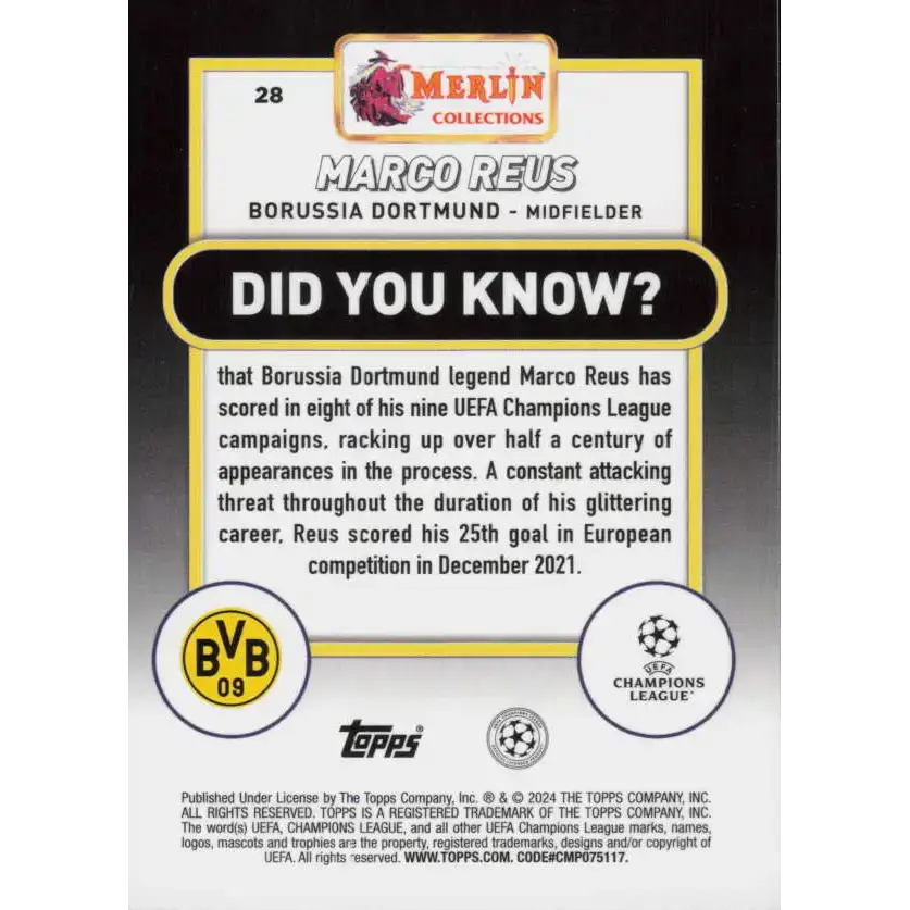 2023-24 Topps Merlin UEFA #28 Marco Reus EX Excellent Borussia Dortmund Soccer Card