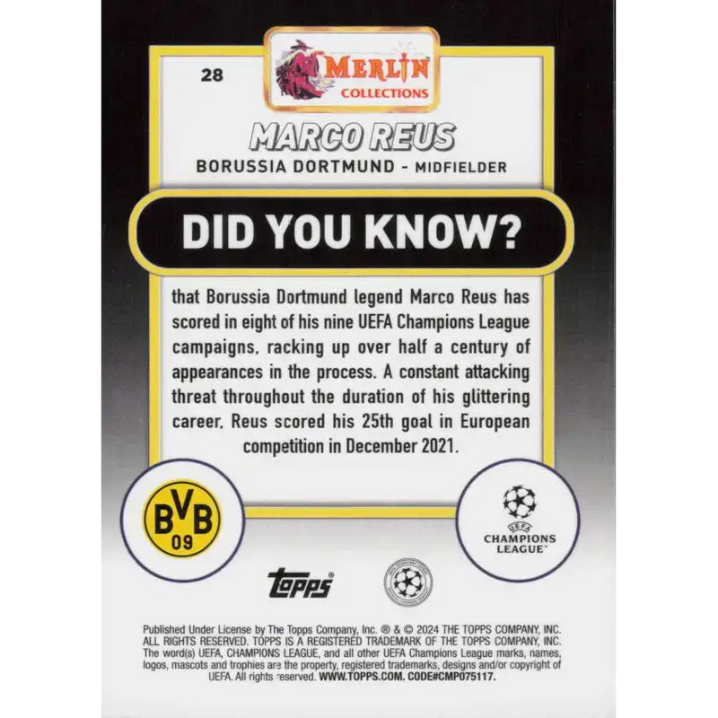 2023-24 Topps Merlin UEFA #28 Marco Reus EX Excellent Borussia Dortmund Soccer Card