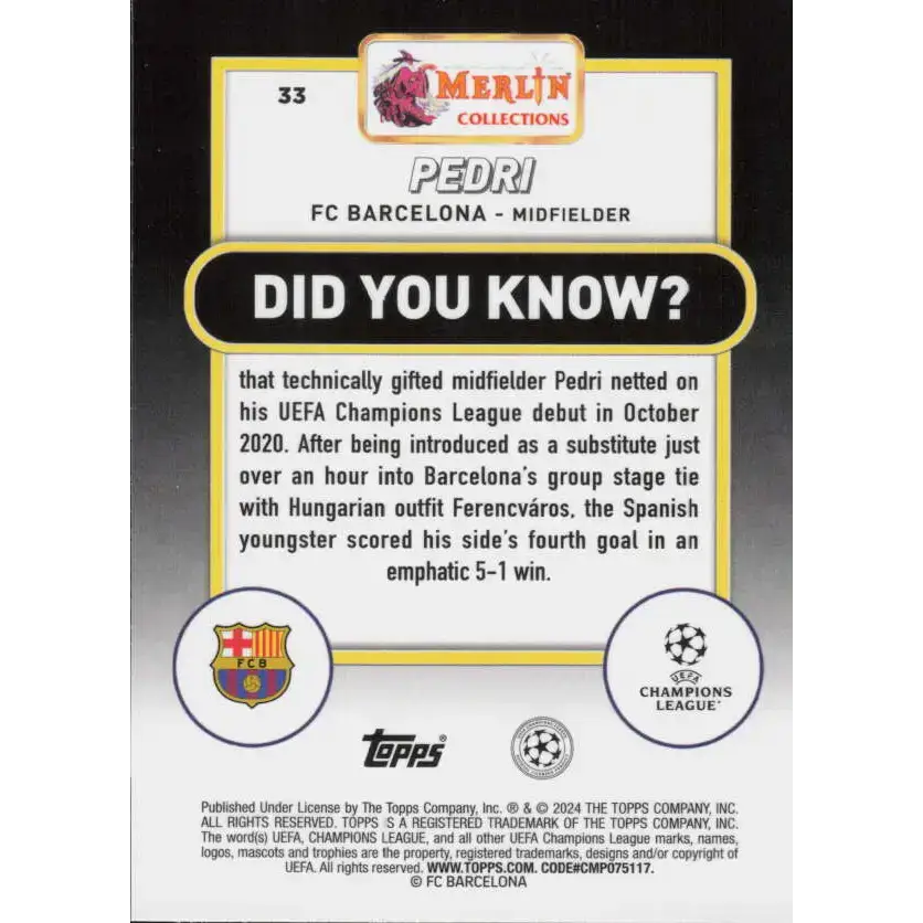 2023-24 Topps Merlin UEFA #33 Pedri EX Excellent FC Barcelona Soccer Card - Soccer Card Single