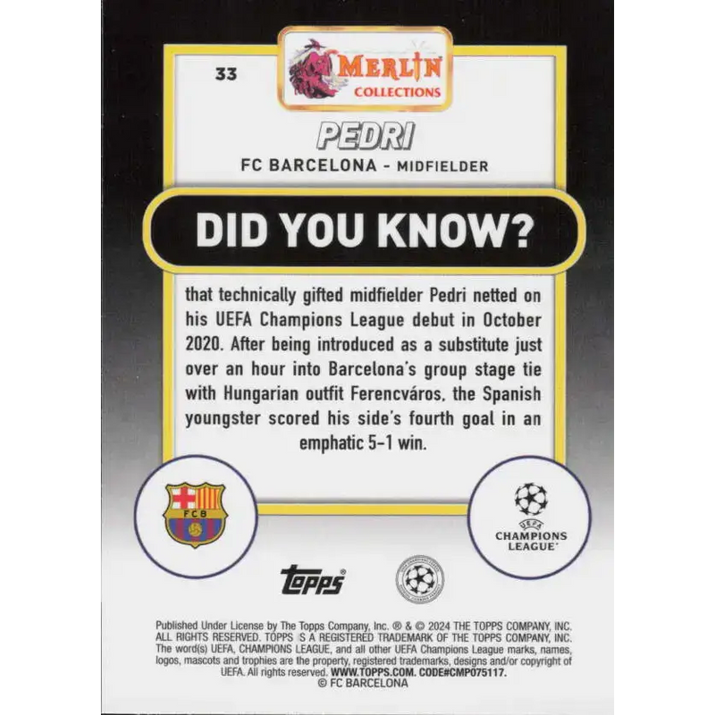 2023-24 Topps Merlin UEFA #33 Pedri EX Excellent FC Barcelona Soccer Card - Soccer Card Single