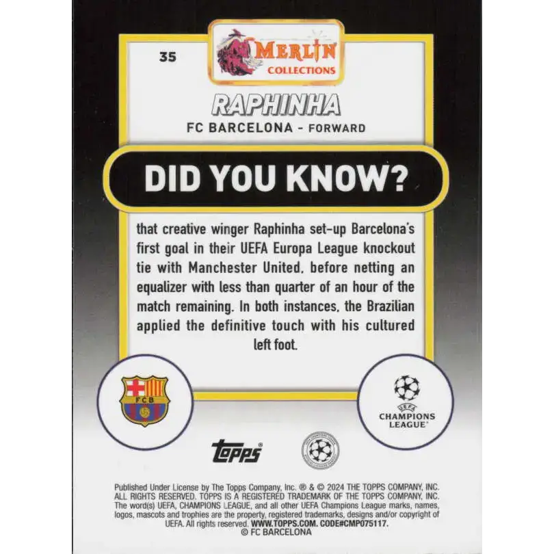 2023-24 Topps Merlin UEFA #35 Raphinha EX Excellent FC Barcelona Soccer Card - Soccer Card Single